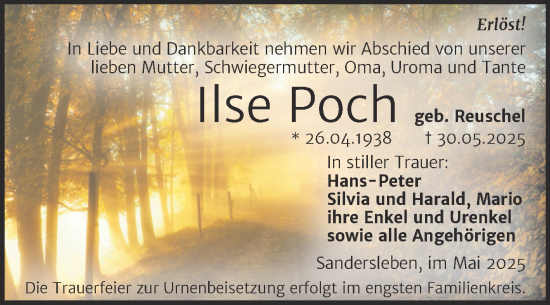 Traueranzeige von Ilse Poch von Trauerkombi Mansfelder Land
