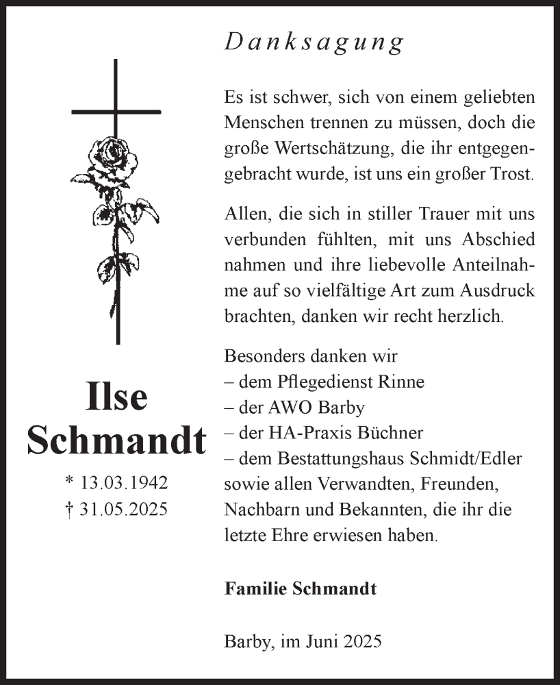  Traueranzeige für Ilse Schmandt vom 28.06.2025 aus Volksstimme Schönebeck