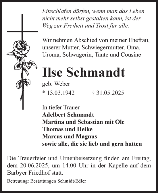 Traueranzeige von Ilse Schmandt von Volksstimme Schönebeck