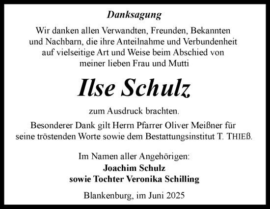 Traueranzeige von Ilse Schulz von Volksstimme Wernigerode
