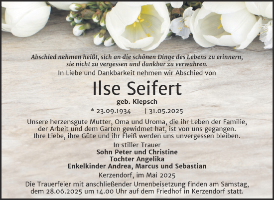 Traueranzeige von Ilse Seifert von Trauerkombi Wittenberg