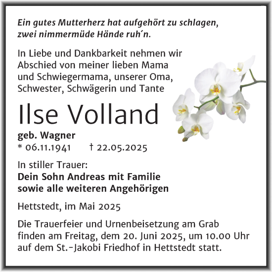 Traueranzeige von Ilse Volland von Mitteldeutsche Zeitung Mansfelder Land