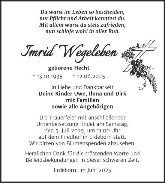 Traueranzeige von Imrid Wegeleben von Trauerkombi Bernburg