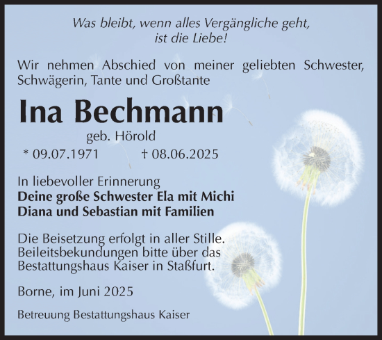 Traueranzeige von Ina Bechmann von Volksstimme Staßfurt