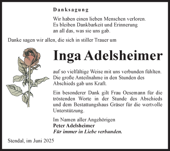Traueranzeige von Inga Adelsheimer von Volksstimme Altmark Ost