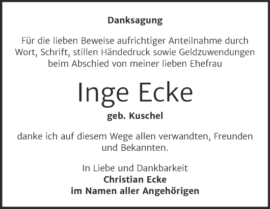 Traueranzeige von Inge Ecke von Trauerkombi Sangerhausen