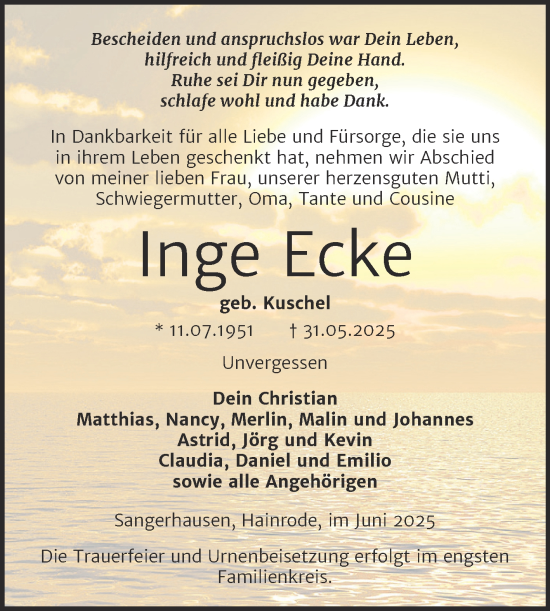Traueranzeige von Inge Ecke von Trauerkombi Sangerhausen