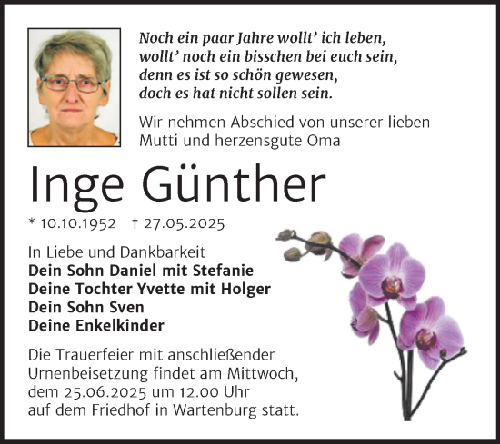 Traueranzeige von Inge Günther von Trauerkombi Wittenberg