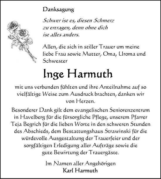 Traueranzeige von Inge Harmuth von Volksstimme Altmark Ost