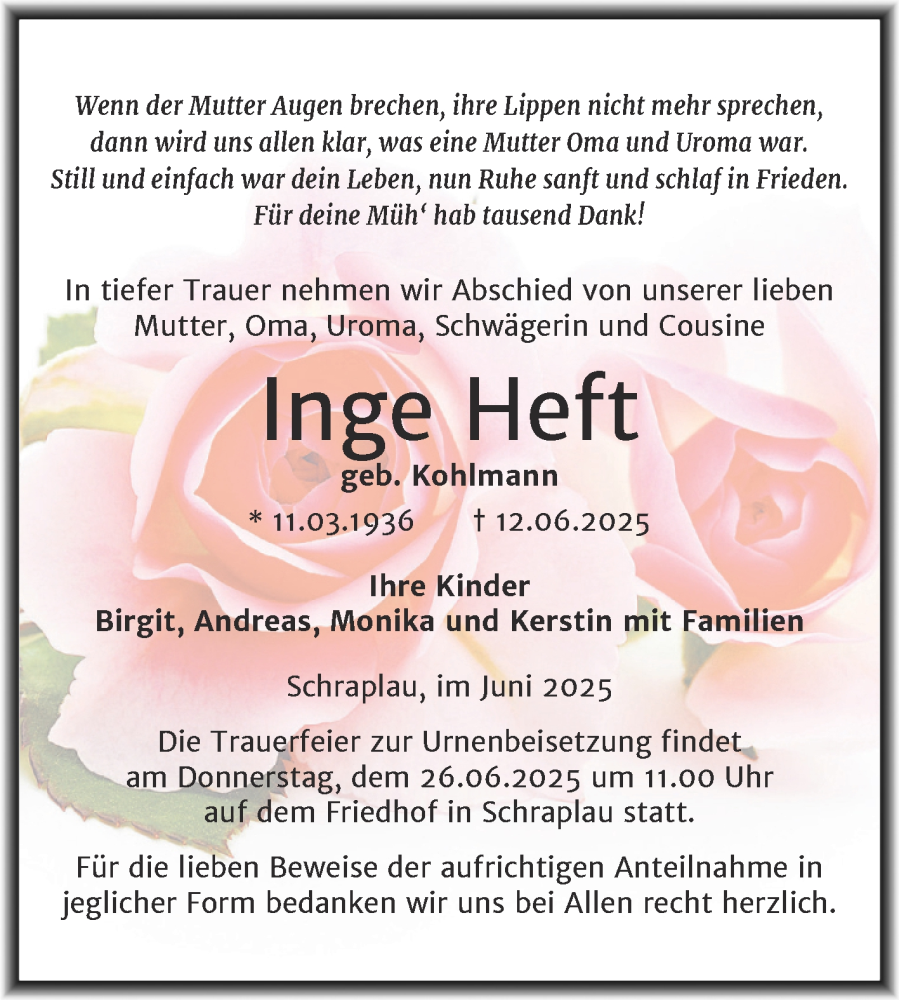  Traueranzeige für Inge Heft vom 17.06.2025 aus Trauerkombi Merseburg