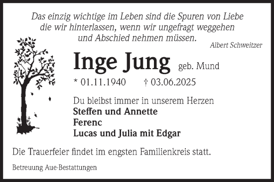 Traueranzeige von Inge Jung von Volksstimme Magdeburg
