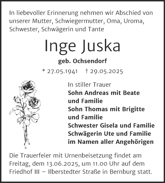 Traueranzeige von Inge Juska von Trauerkombi Bernburg