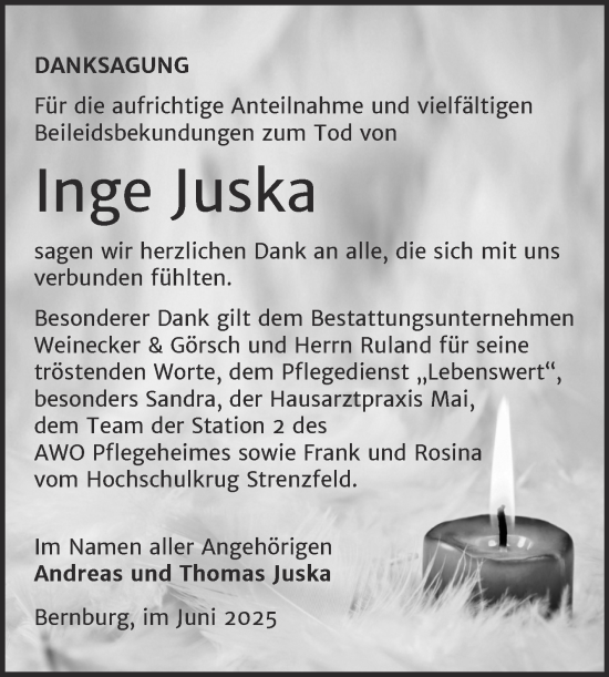 Traueranzeige von Inge Juska von Trauerkombi Bernburg