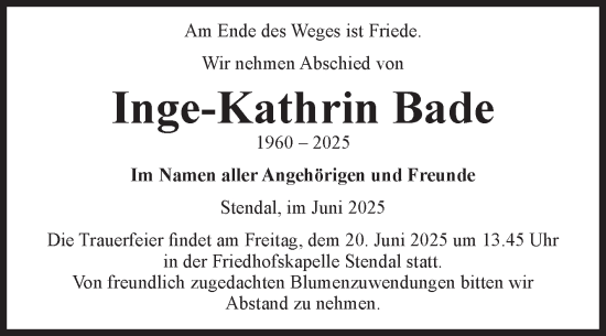 Traueranzeige von Inge-Kathrin Bade von Volksstimme Altmark Ost