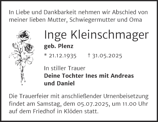 Traueranzeige von Inge Kleinschmager von Trauerkombi Wittenberg