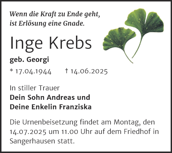 Traueranzeige von Inge Krebs von Trauerkombi Sangerhausen