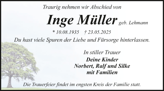 Traueranzeige von Inge Müller von Trauerkombi Dessau