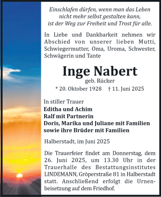 Traueranzeige von Inge Nabert von Volksstimme Halberstadt