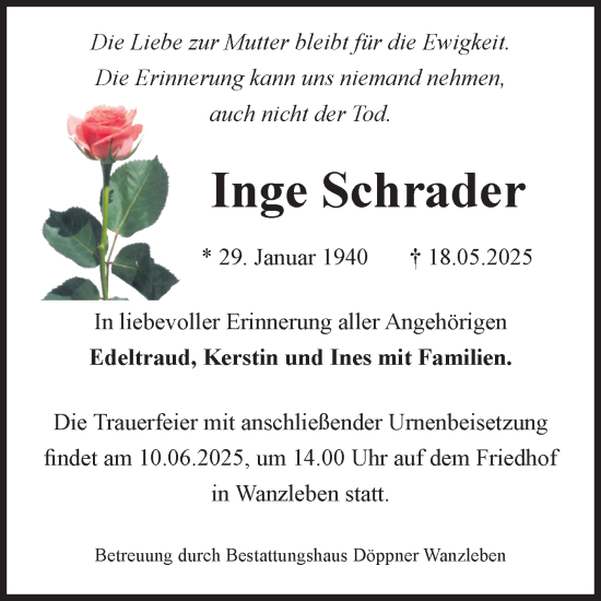 Traueranzeige von Inge Schrader von Volksstimme Oschersleben/Wanzleben