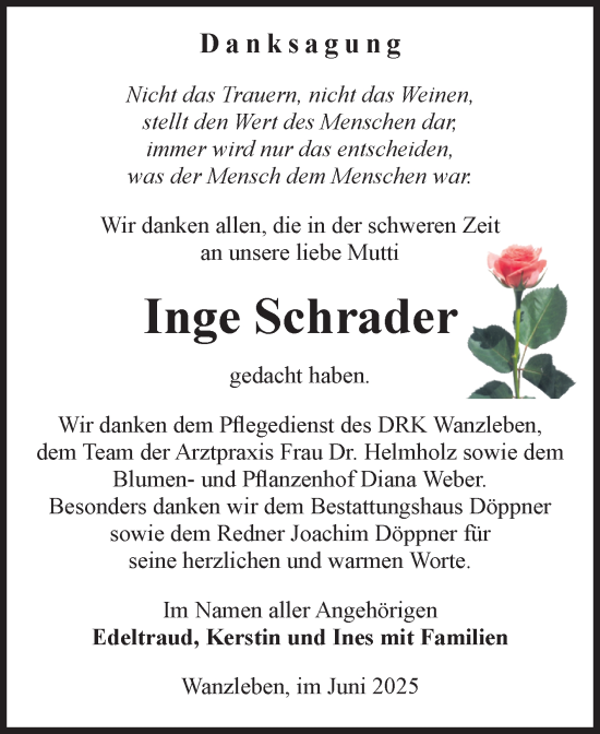 Traueranzeige von Inge Schrader von Volksstimme Oschersleben/Wanzleben