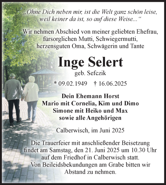 Traueranzeige von Inge Selert von Volksstimme Altmark Ost