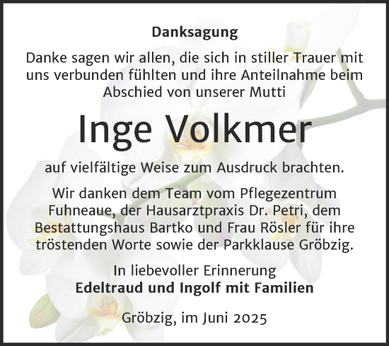 Traueranzeige von Inge Volkmer von Trauerkombi Köthen