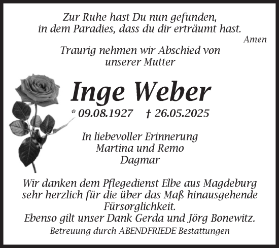 Traueranzeige von Inge Weber von Volksstimme Haldensleben/Wolmirstedt
