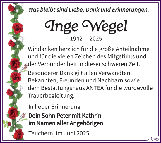 Traueranzeige von Inge Wegel von Trauerkombi Weißenfels