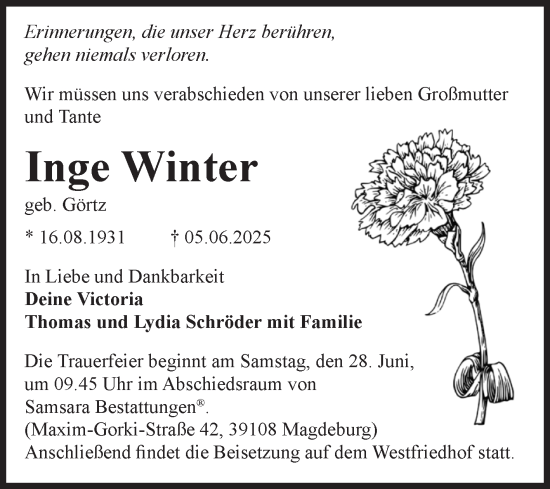 Traueranzeige von Inge Winter von Volksstimme Magdeburg