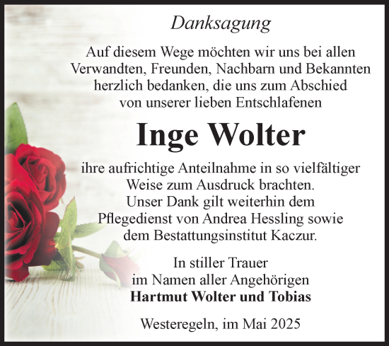 Traueranzeige von Inge Wolter von Volksstimme Staßfurt