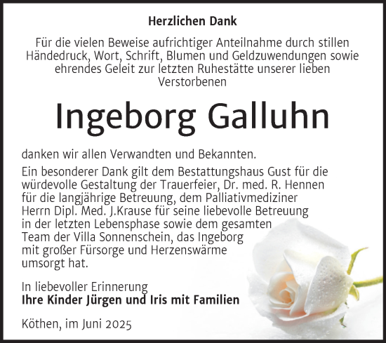 Traueranzeige von Ingeborg Galluhn von Trauerkombi Köthen