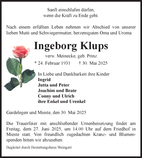 Traueranzeige von Ingeborg Klups von Volksstimme Altmark West