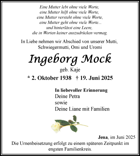 Traueranzeige von Ingeborg Mock von Volksstimme Altmark Ost