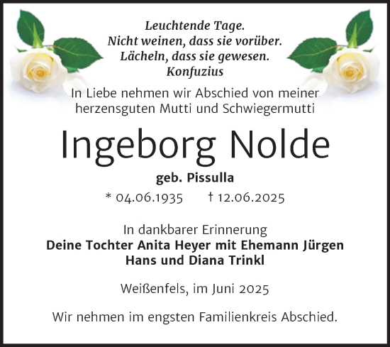 Traueranzeige von Ingeborg Nolde von Trauerkombi Weißenfels