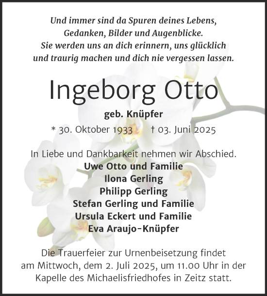 Traueranzeige von Ingeborg Otto von Trauerkombi Zeitz