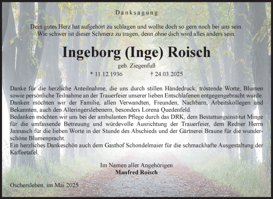 Traueranzeige von Ingeborg Roisch von Volksstimme Oschersleben/Wanzleben