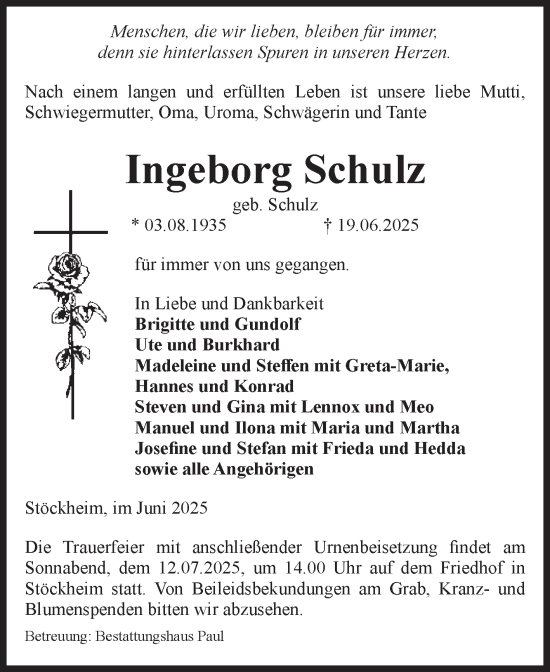 Traueranzeige von Ingeborg Schulz von Volksstimme Altmark West