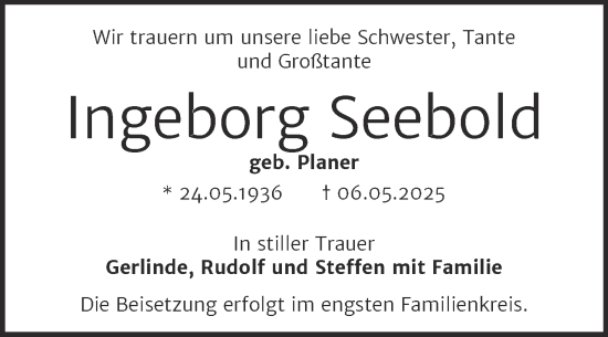 Traueranzeige von Ingeborg Seebold von Trauerkombi Bernburg