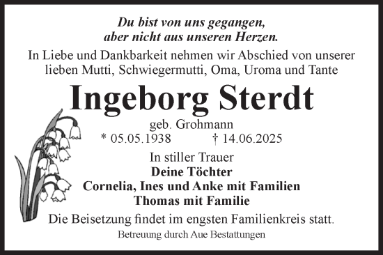 Traueranzeige von Ingeborg Sterdt von Volksstimme Magdeburg