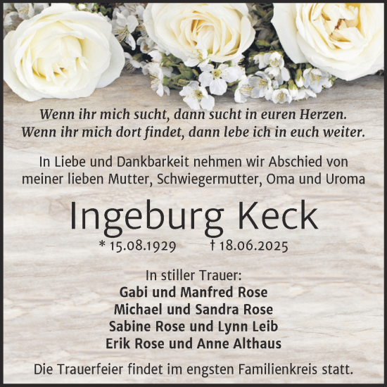 Traueranzeige von Ingeburg Keck von Mitteldeutsche Zeitung Halle/Saalkreis