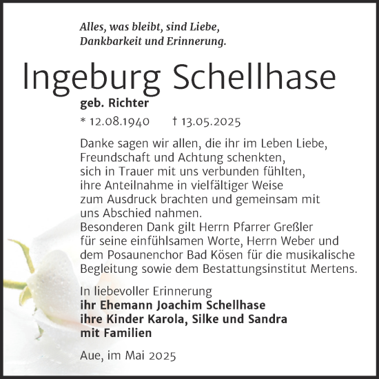 Traueranzeige von Ingeburg Schellhase von Super Sonntag Naumburg/Nebra