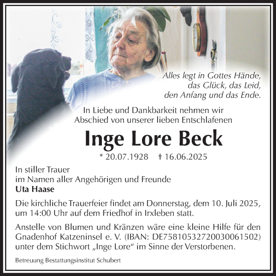 Traueranzeige von Inge Lore Beck von Volksstimme Haldensleben/Wolmirstedt