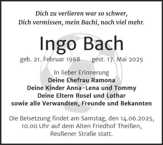 Traueranzeige von Ingo Bach von Trauerkombi Zeitz