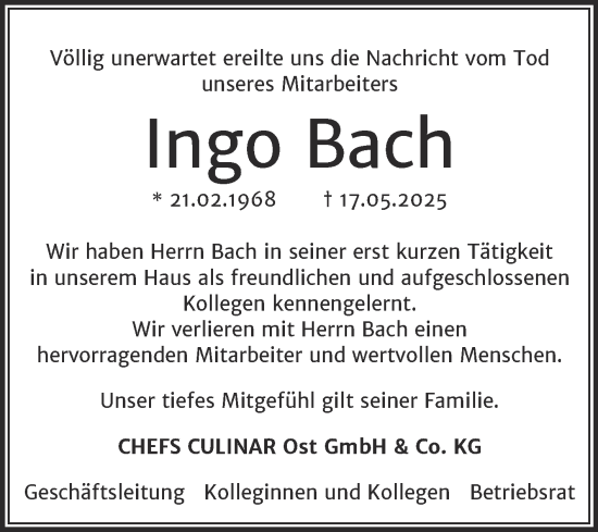 Traueranzeige von Ingo Bach von Mitteldeutsche Zeitung Weißenfels