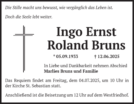 Traueranzeige von Ingo Ernst Roland Bruns von Volksstimme Magdeburg