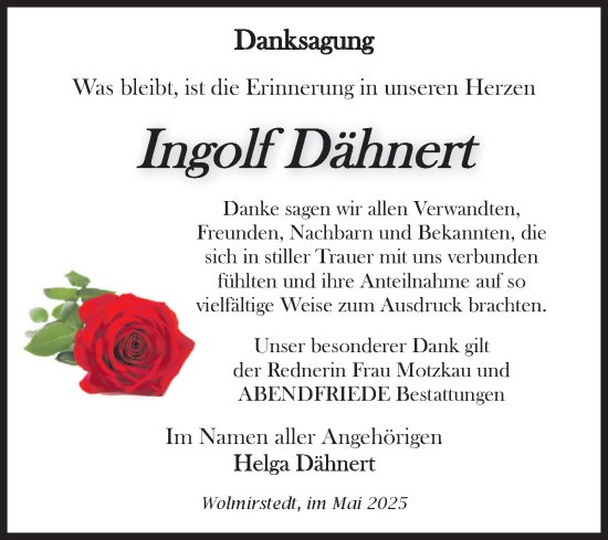 Traueranzeige von Ingolf Dähnert von Volksstimme Haldensleben/Wolmirstedt
