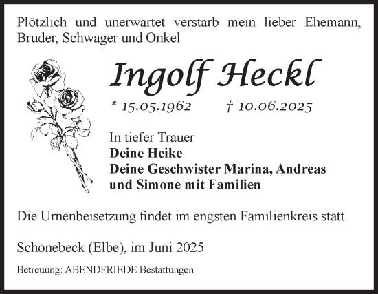 Traueranzeige von Ingolf Heckl von Volksstimme Schönebeck