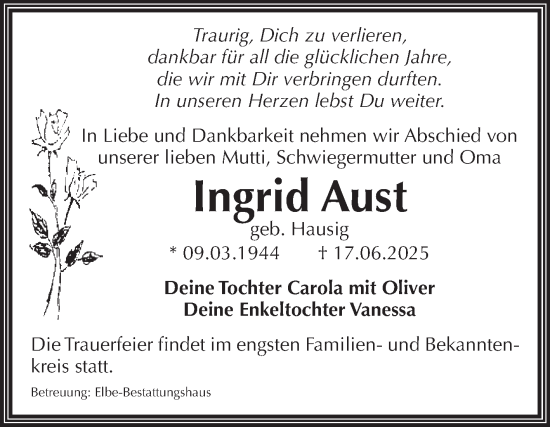 Traueranzeige von Ingrid Aust von Volksstimme Magdeburg
