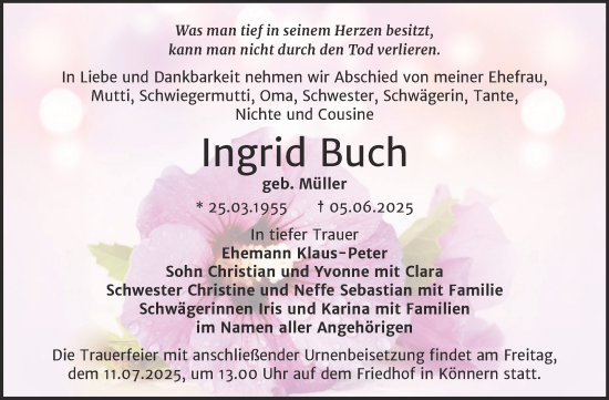 Traueranzeige von Ingrid Buch von Trauerkombi Bernburg