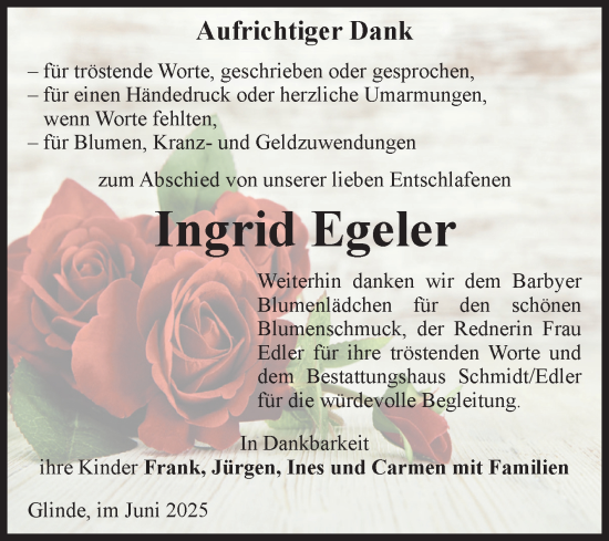 Traueranzeige von Ingrid Egeler von Volksstimme Schönebeck